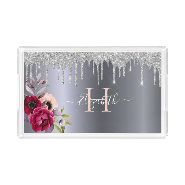 Silver glitter drips floral Burgundy monogram Acrylic Tray (Front)