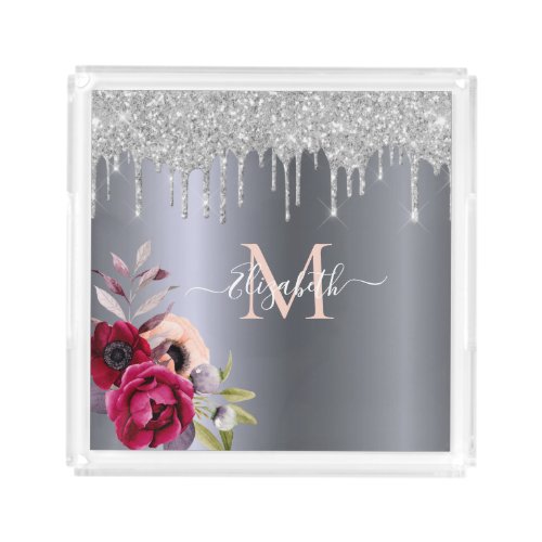 Silver glitter drips floral burgundy monogram acrylic tray