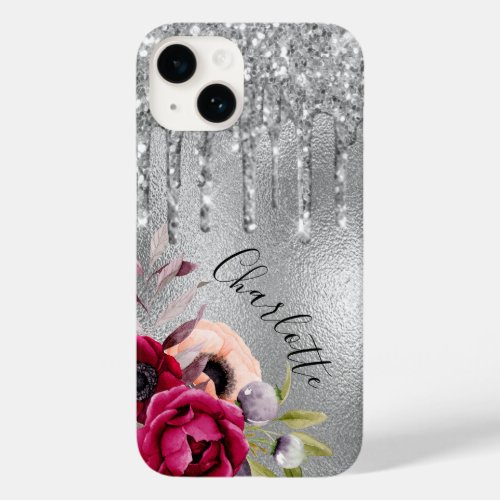 Silver glitter drips florals name Case_Mate iPhone 14 case
