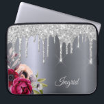 Silver glitter drips florals name laptop sleeve<br><div class="desc">Faux silver glitter drip,  paint drip look on a faux silver metallic looking background. Burgundy and rose gold colored Flowers. Template for Your name.  The name in light gray is written with a modern and trendy hand lettered style script.</div>