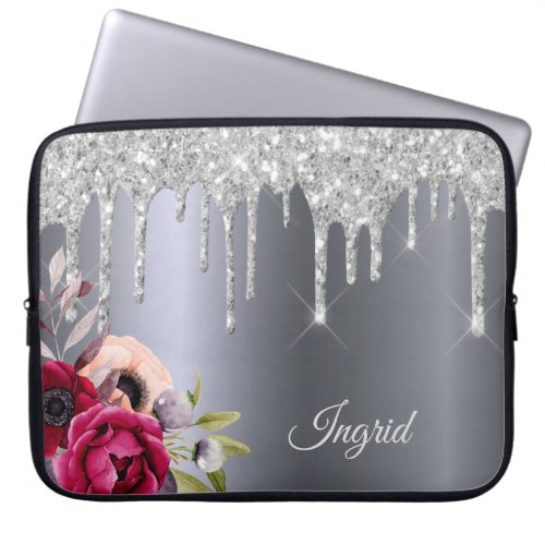Silver glitter drips florals name laptop sleeve