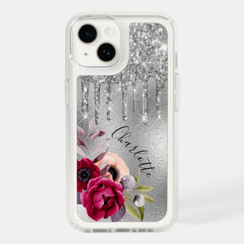 Silver glitter drips florals name script speck iPhone 14 case