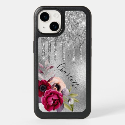 Silver glitter drips flowers burgundy name OtterBox iPhone 14 case