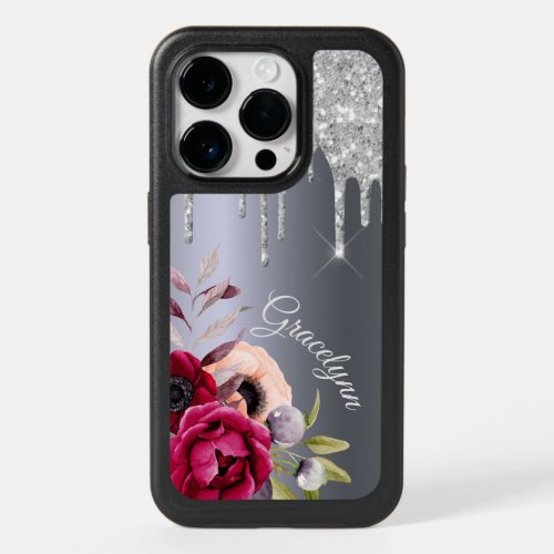 Silver glitter drips flowers burgundy name OtterBox iPhone 14 pro case