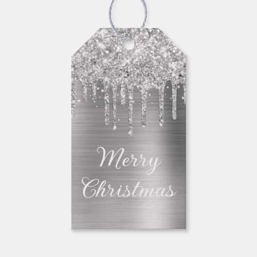 Silver Glitter Drips Foil Merry Christmas Gift Tags