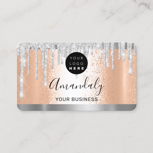 Silver Glitter Drips Frame Qr Code Logo Peach Business Card