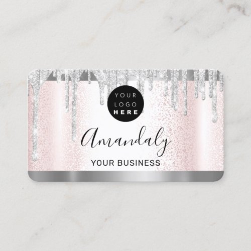 Silver Glitter Drips Frame Qr Code Logo Pink Business Card