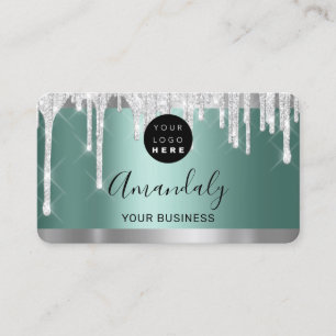 Silver Glitter Drips Frame Qr Code Logo Teal Green Business Card