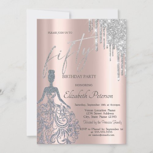  Silver Glitter DripsGirl Dress 50th Birthday  Invitation