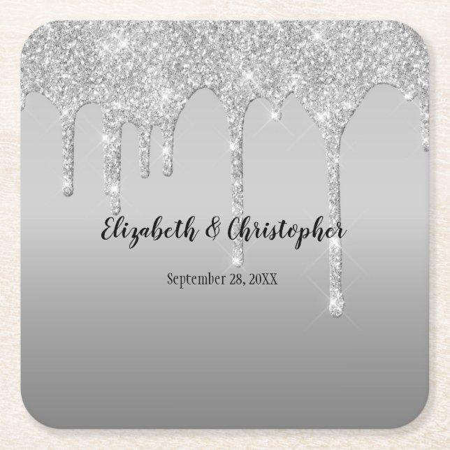 Silver Glitter Drips Glam Elegant Wedding  Square Paper Coaster (Front)