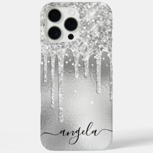 Silver Glitter Drips Glam Signature iPhone 16 Pro Max Case