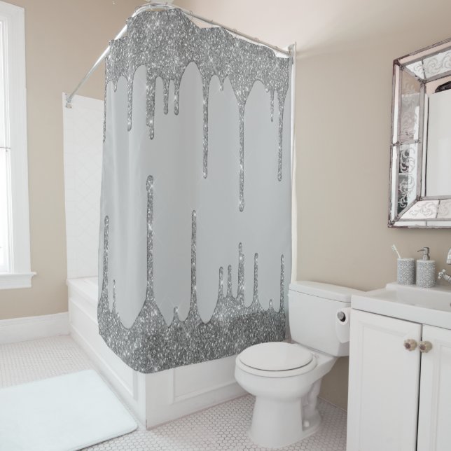 Silver Glitter Drips Glam Sparkle Customize Shower Curtain (In Situ)