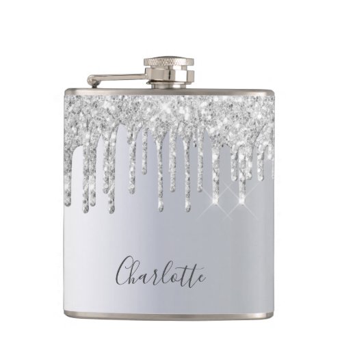 Silver glitter drips glittery monogram glam flask