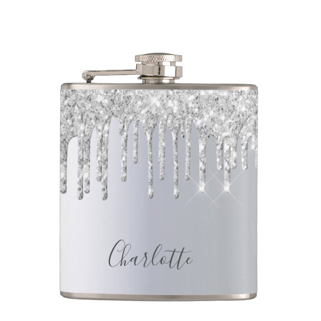 Silver glitter drips glittery monogram glam flask (Front)