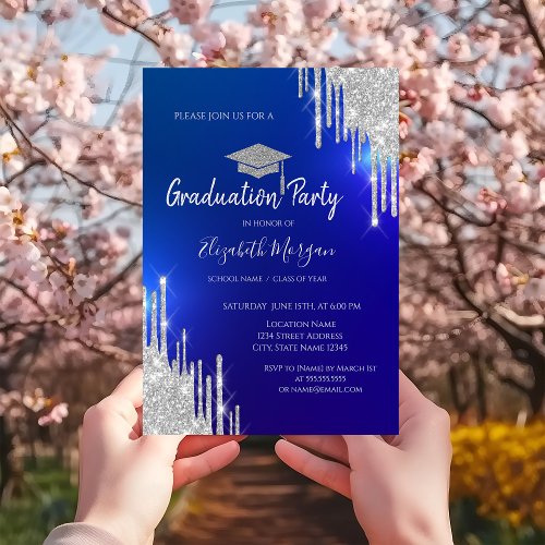 Silver Glitter Drips Grad Cap Blue Graduation  Invitation
