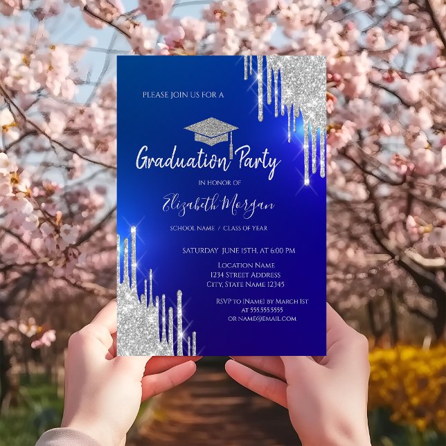 Silver Glitter Drips Grad Cap Blue Graduation  Invitation (Creator Uploaded)