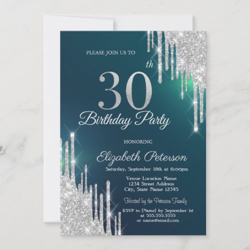 Silver Glitter Drips Green 30th Birthday Invitation