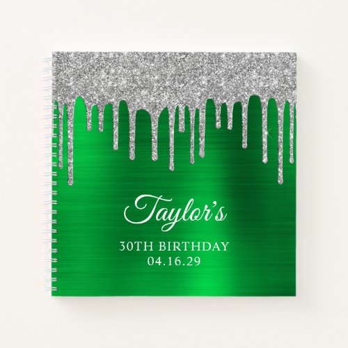 Silver Glitter Drips Green 30th Birthday Notebook