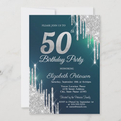 Silver Glitter Drips Green 50th Birthday Invitation