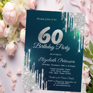 Silver Glitter Drips Green 60th Birthday Invitation