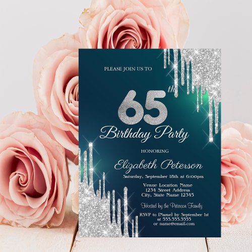 Silver Glitter Drips Green 65th Birthday Invitation