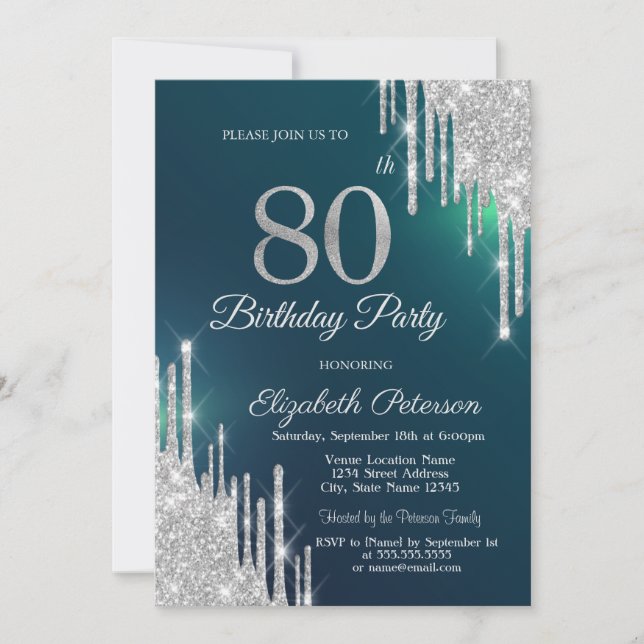 Silver Glitter Drips Green 80th Birthday Invitation (Front)