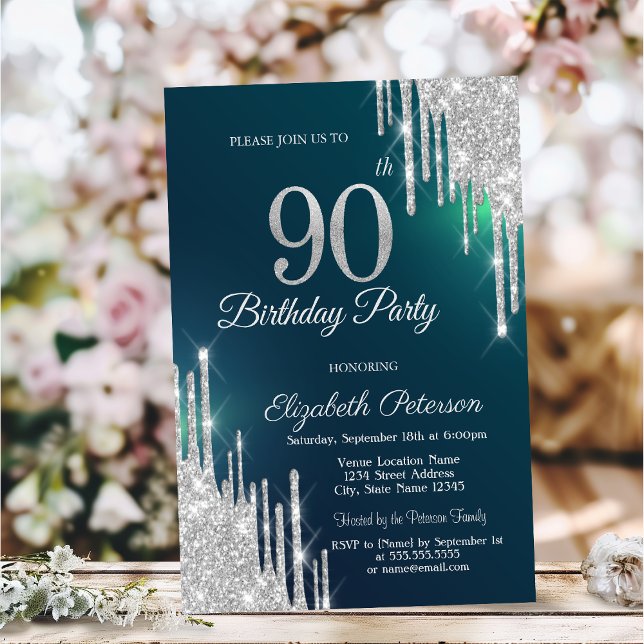 Silver Glitter Drips Green 90th Birthday Invitation (Creator Uploaded)