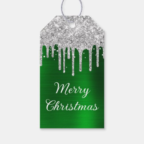 Silver Glitter Drips Green Foil Merry Christmas Gift Tags