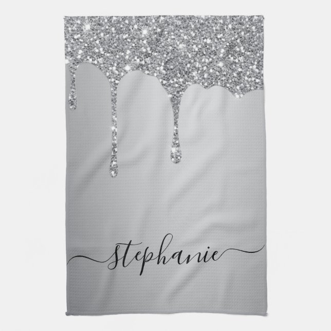 Silver Glitter Drips Hand Lettered Custom Name Kitchen Towel (Vertical)