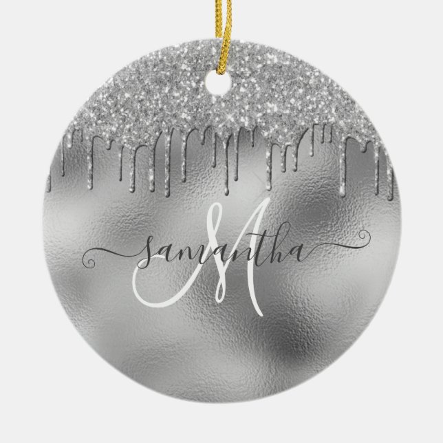SIlver Glitter Drips Hand Written Script name Ceramic Ornament (Front)