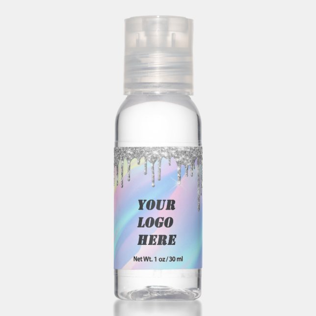 Silver Glitter Drips Holographic Add Your Logo Hand Sanitizer (Front)