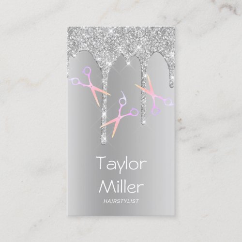 Silver glitter drips holographic scissors hair business card