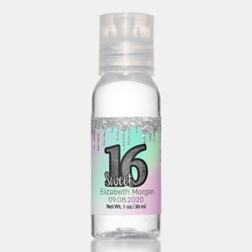 Silver Glitter Drips Holographic Sweet 16 Hand Sanitizer