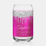 Silver Glitter Drips Hot Pink 21st Birthday Can Glass<br><div class="desc">Create your own 21st birthday party design on a can glass. Girly faux sparkly dripping silver glitter over a faux hot pink metallic or brushed metal style foil digital art graphic. Customize the font styles to create your own personalized beer glass for her special celebration. A classic elegant calligraphy paired...</div>