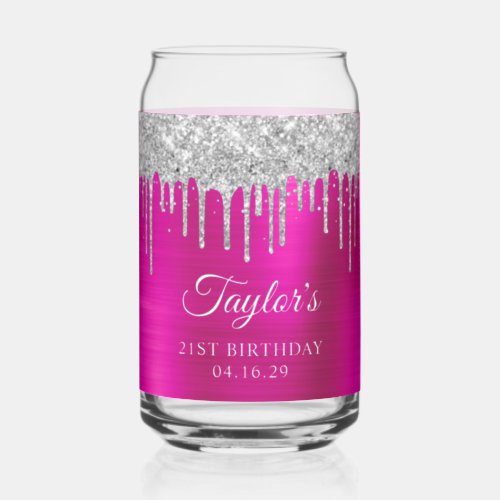 Silver Glitter Drips Hot Pink 21st Birthday Can Glass