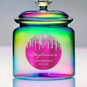 Silver Glitter Drips Hot Pink 50th Birthday Classic Round Sticker