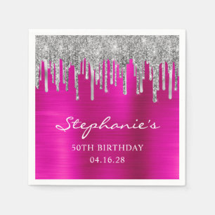 Silver Glitter Drips Hot Pink 50th Birthday Napkins