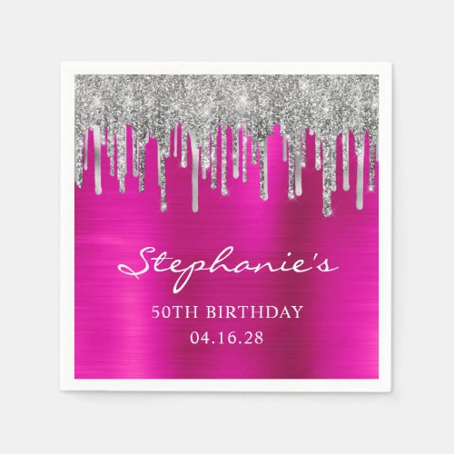 Silver Glitter Drips Hot Pink 50th Birthday Napkins