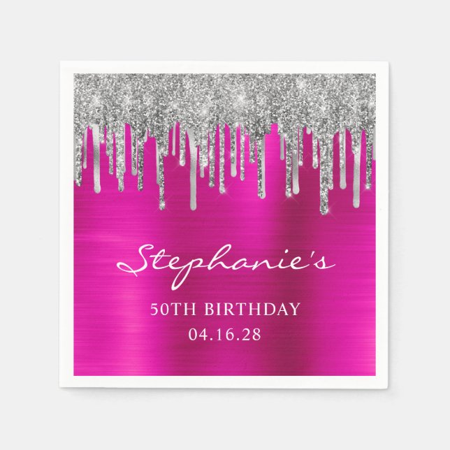 Silver Glitter Drips Hot Pink 50th Birthday Napkins (Front)