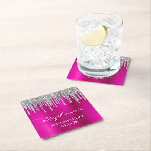 Silver Glitter Drips Hot Pink 50th Birthday Square Paper Coaster