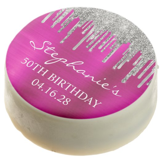 Silver Glitter Drips Hot Pink Foil 50th Birthday Chocolate Covered Oreo (Angled)