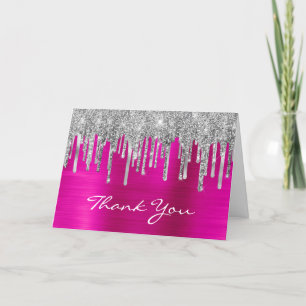 Silver Glitter Drips Hot Pink Foil 50th Birthday Letterpress Thank You Card
