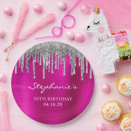 Silver Glitter Drips Hot Pink Foil 50th Birthday Paper Plates