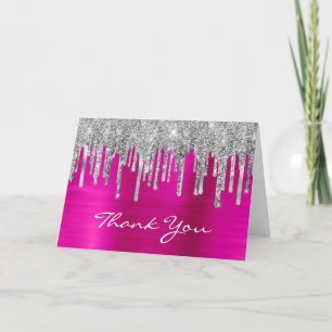 Silver Glitter Drips Hot Pink Foil 50th Birthday Thank You Card