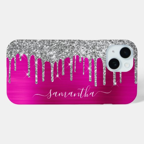 Silver Glitter Drips Hot Pink Foil Girly Signature iPhone 15 Case