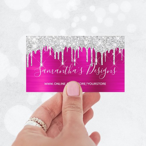 Silver Glitter Drips Hot Pink Foil Online Store Business Card