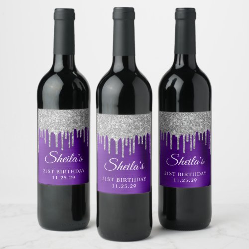 Silver Glitter Drips Indigo Purple 21st Birthday Wine Label