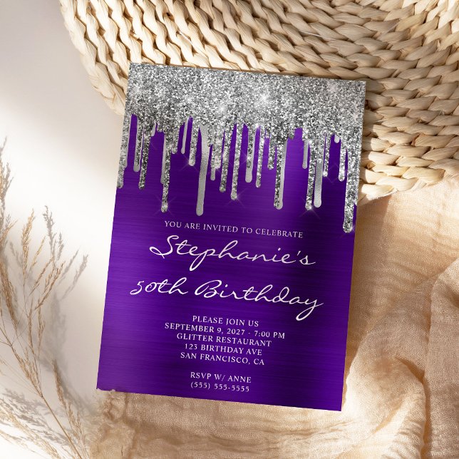 Silver Glitter Drips Indigo Purple 50th Birthday Invitation (Modern purple and silver dripping glitter birthday invite.)