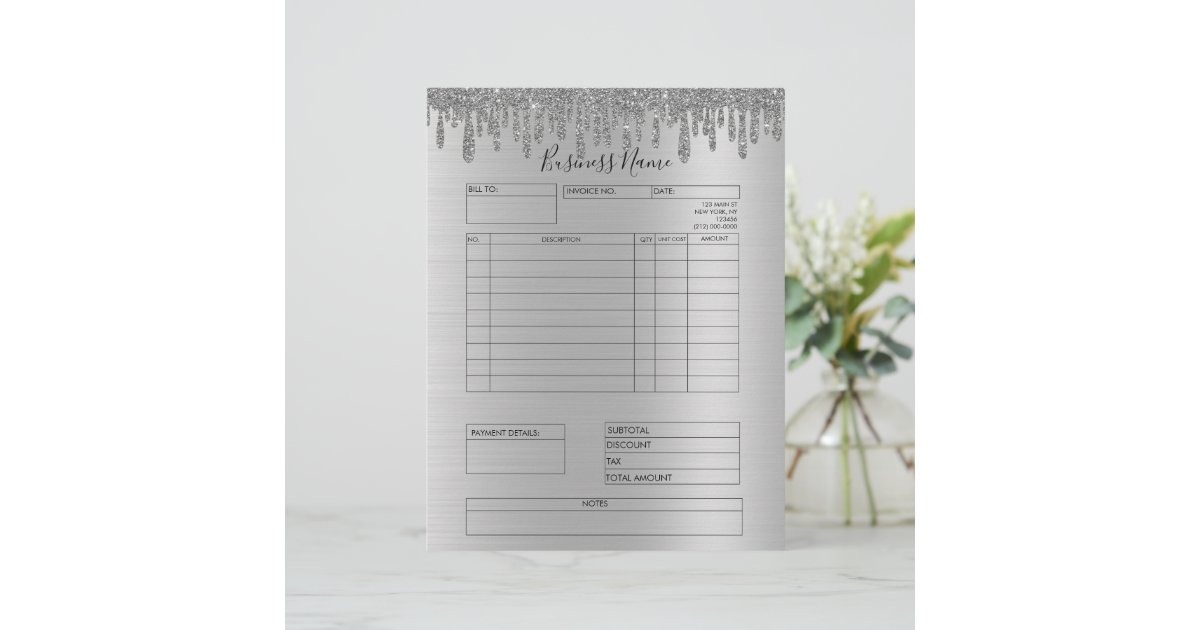 Silver Glitter Drips Invoice Small Business Letterhead | Zazzle