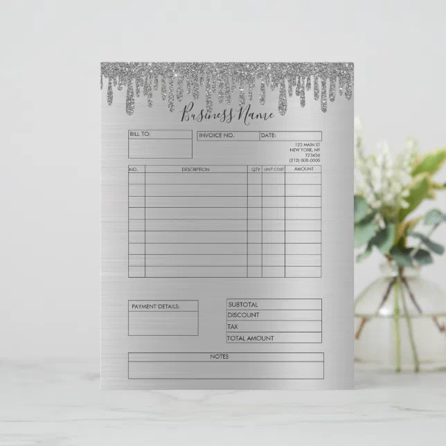 Silver Glitter Drips Invoice Small Business Letterhead | Zazzle